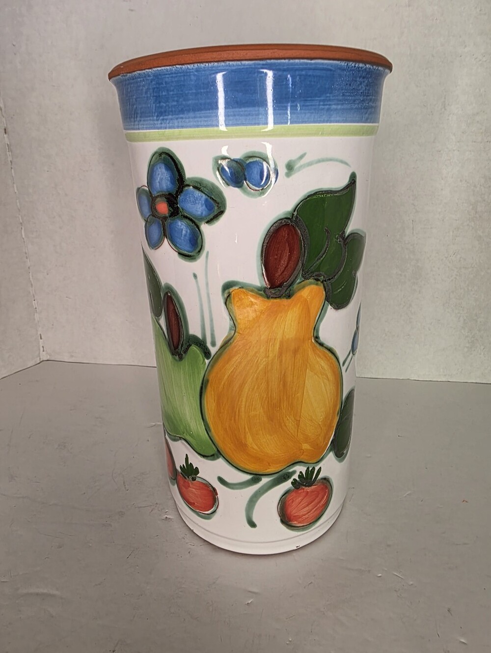 Vintage Terra Cotta Pottery Wine Cooler Handpainted Fruit Italy
